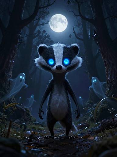 Digital artwork of a glowing blue-eyed anthropomorphic badger standing in a dark, moonlit forest with ghostly figures and eerie shadows.