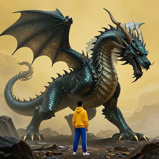 Photograph-like digital artwork: A young man in a yellow hoodie and blue jeans faces a massive, black-scaled dragon with glowing yellow eyes in a