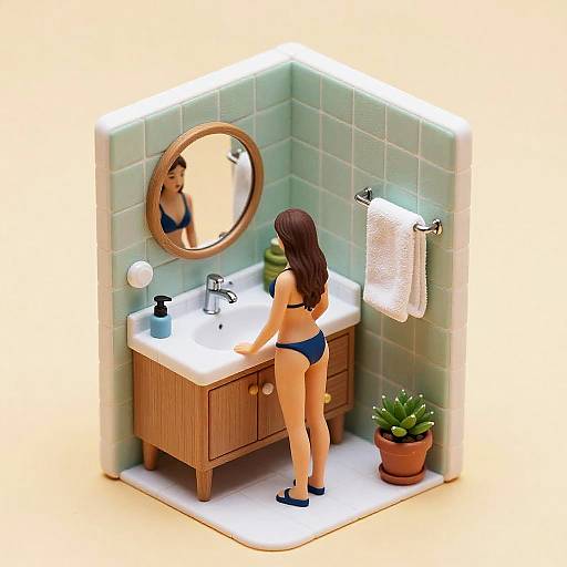 Miniature Girl in Blue Bikini at Bathroom Sink