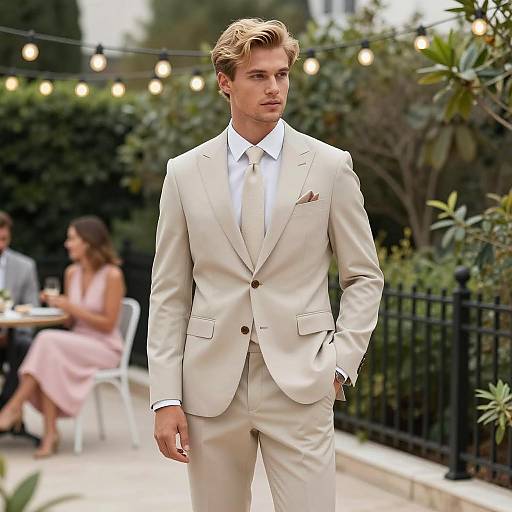 Blonde Man in Beige Suit Outdoors