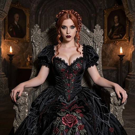 Gothic-style photograph of pale woman with red hair, dark lipstick, black lace dress with red roses, seated on ornate throne in dimly