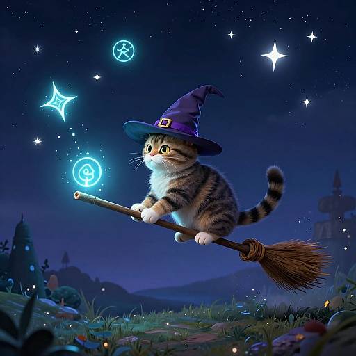 Adorable striped tabby kitten in a purple witch hat flying on a broomstick, casting glowing magical spells under a starry night sky. Digital