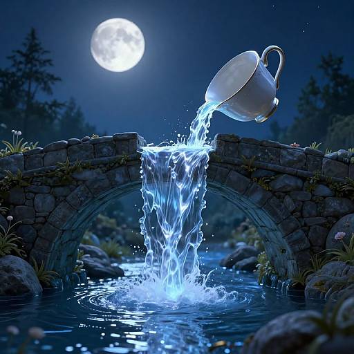 Photograph of a moonlit night, a stone bridge arching over a stream, with a white teacup pouring glowing blue water, creating spl