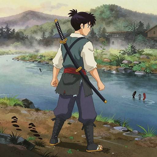 Stealthy Ronin at Misty Riverbank Dawn