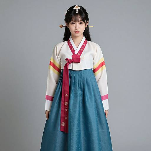Photograph of a young Asian woman in traditional Korean hanbok, featuring a white top with red and yellow stripes, blue skirt, red bow,
