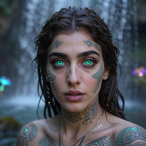 Photograph of a tattooed woman with glowing green eyes, wet dark hair, and shimmering face paint, standing in front of a waterfall. Her