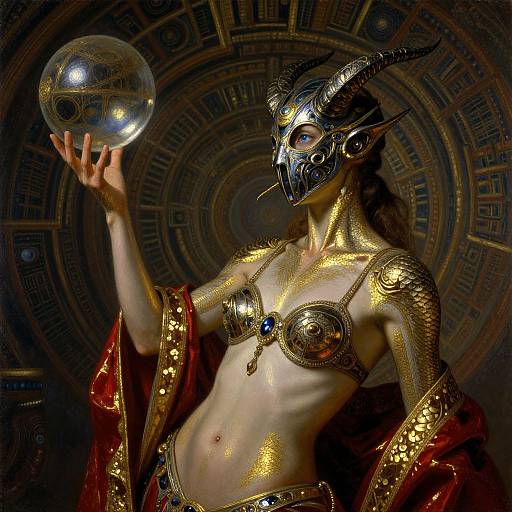 Fantasy digital artwork of a slim, gold-scaled, horned female figure with a metallic mask, holding a reflective orb, adorned in ornate