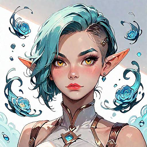 Aqua-haired Fantasy Elf Girl with Topaz Eyes