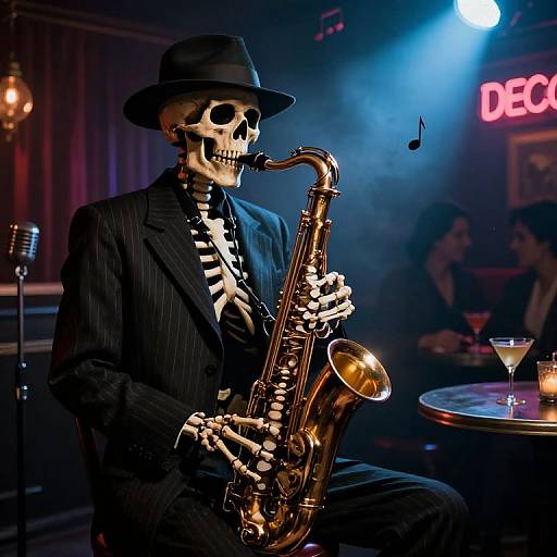 Photograph of a skeletal figure in a black pinstripe suit and hat, playing a golden saxophone on stage in a dimly lit bar with
