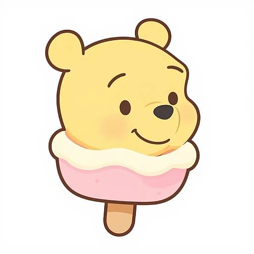 Cartoon bear-shaped ice cream with yellow face, black nose, and smile, pink bottom, and wooden stick, against white background.
