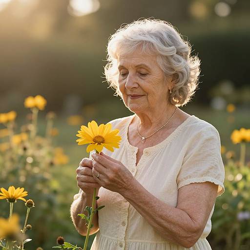 Photograph of an elderly woman with short, curly gray hair, holding a bright yellow daisy in a sunlit field of similar flowers. She wears