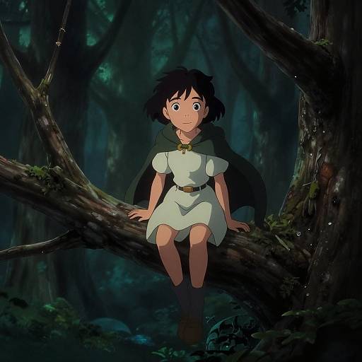 Anime-style drawing of a young girl with black hair, white dress, and black cape, sitting on a moss-covered tree branch in a dark, dense