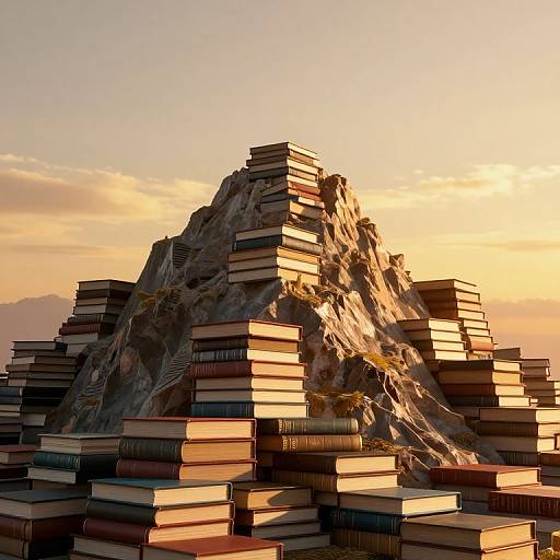 Photograph of a towering, rocky mountain covered in stacks of colorful, sunlit books against a golden sunset sky.