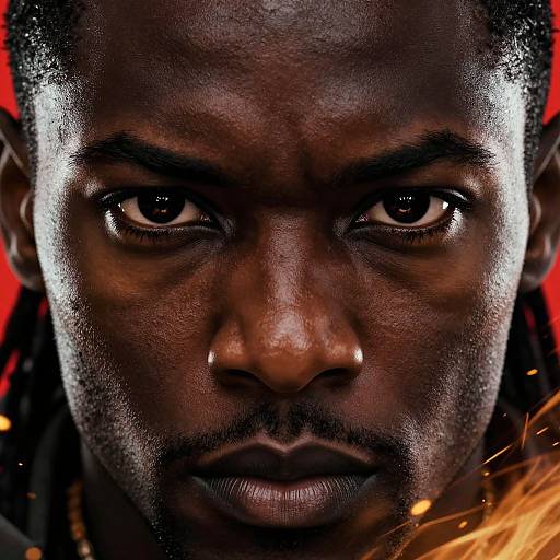 Close-up photograph of a serious, intense-looking Black man with dark skin, short dreadlocks, and piercing eyes against a red background.