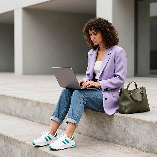 Curly-Haired Woman Working on Laptop