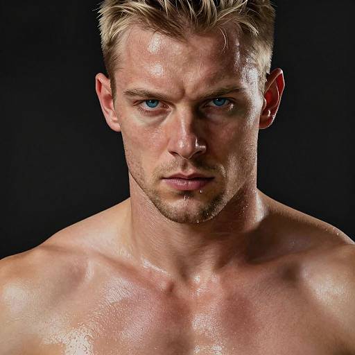 Photograph of a shirtless, muscular, blonde-haired man with blue eyes and slight stubble, gazing intensely against a dark background.