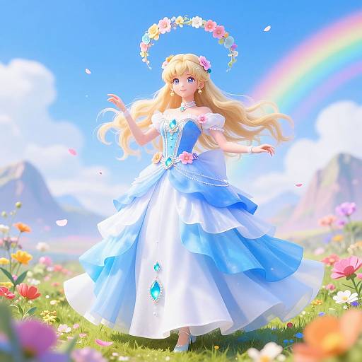 Digital anime-style artwork of a blonde girl in a white and blue flower-adorned dress, standing in a vibrant, colorful meadow with a rainbow