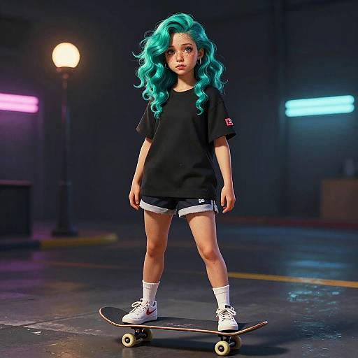 Young Skateboarder with Teal Hair