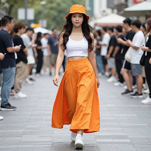 Photograph of a young woman with long black hair, wearing an orange bucket hat, white crop top, and high-waisted orange skirt, walking