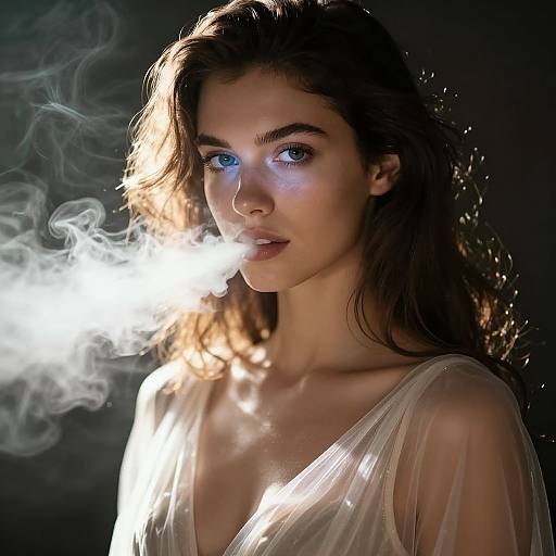 Photograph of a young woman with blue eyes, long brown hair, and translucent white dress, surrounded by ethereal white smoke, illuminated by intense light