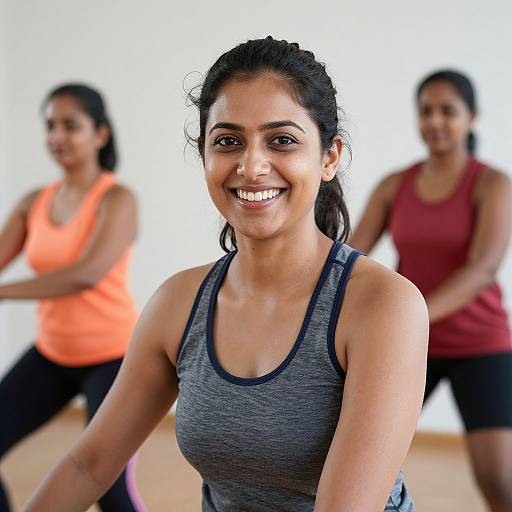 Photograph of a smiling Indian woman with dark hair in a gray tank top, standing in a bright gym with two blurred women in orange and red tank