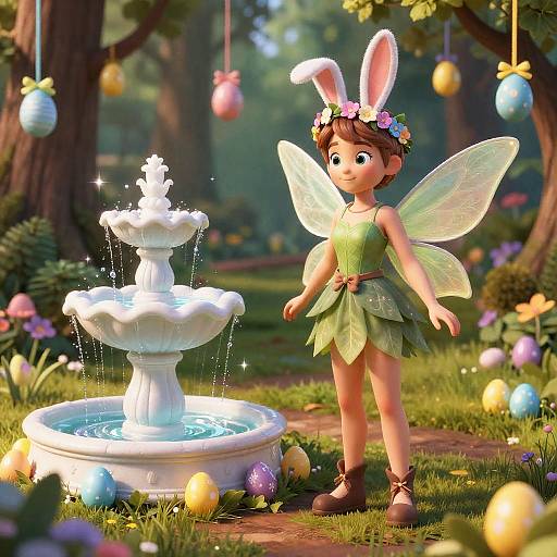 CGI fairy girl in green leaf dress and bunny ears stands by a sparkling white fountain in a colorful, festive garden.