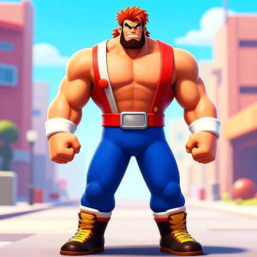 CGI image of a muscular, red-haired man with a beard, wearing red suspenders, blue pants, white cuffs, and yellow boots, standing