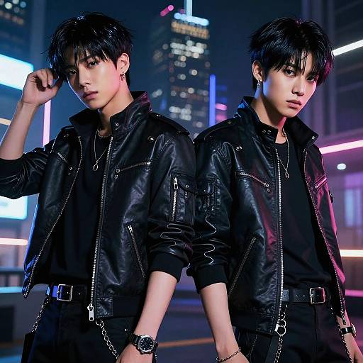 Photograph of two Asian men with black hair, wearing black leather jackets, standing back-to-back in a neon-lit cityscape at night.