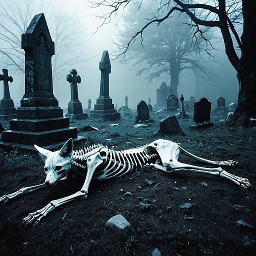 Skeletal Fox in Foggy Graveyard