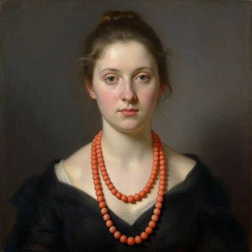 Classical portrait of a fair-skinned woman with brown hair in an updo, wearing a black dress and long red bead necklace, against a dark