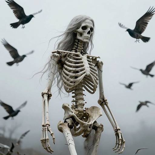 Digital art of a skeletal figure with long white hair, surrounded by flying black birds, against a cloudy gray sky.