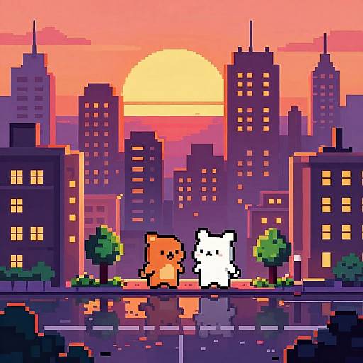 Pixel art of two cartoon animals, an orange bear and a white cat, walking in a vibrant, sunset-lit city with skyscrapers.