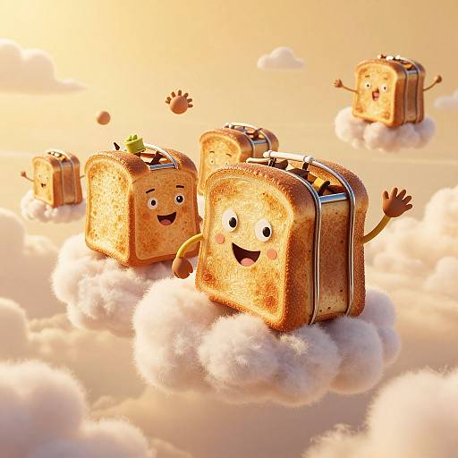 CGI image of cheerful, anthropomorphic, toasted bread suitcases floating on fluffy clouds during a golden sunset, with arms raised and smiling faces.