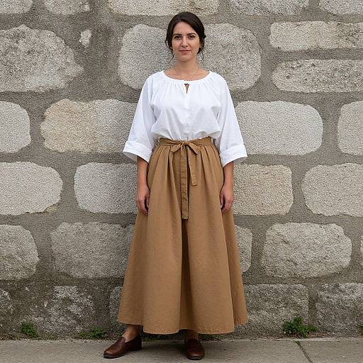 Photograph of a woman with dark hair, wearing a white blouse and long brown skirt, standing against a textured stone wall.