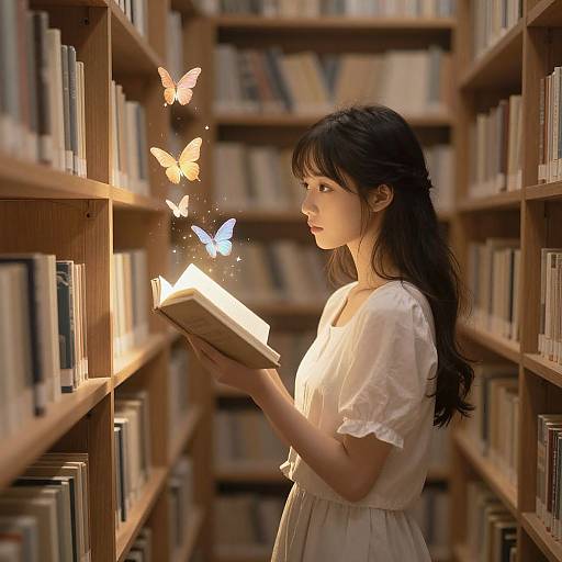 Photograph-style digital artwork of an Asian woman with long black hair reading a glowing book in a library, surrounded by floating butterflies.