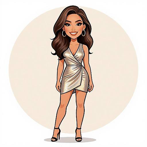 Cartoon-style illustration of a confident woman with long brown hair, wearing a silver, wrap-style dress, black high heels, and large hoop earrings,