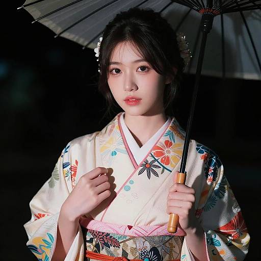 Elegant Woman in Colorful Kimono at Night