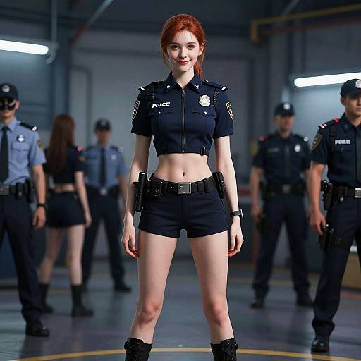 Digital rendering of a confident, red-haired female police officer in black shorts, crop shirt, and boots, standing in a dimly lit, industrial police