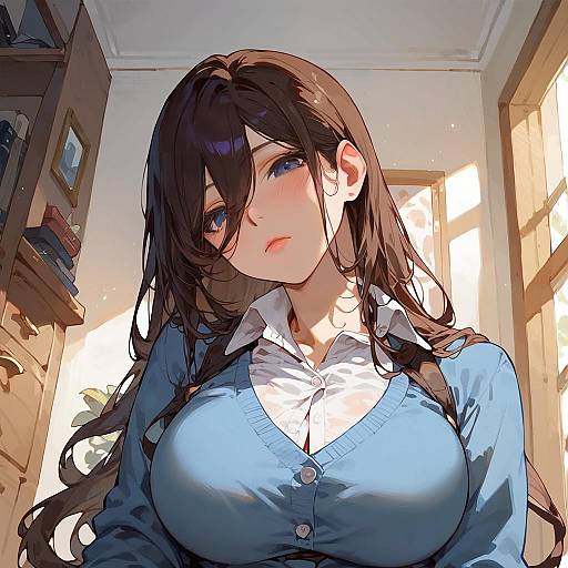 Digital anime-style drawing of a beautiful, busty young woman with long brown hair, blue eyes, wearing a blue cardigan over a white shirt, standing