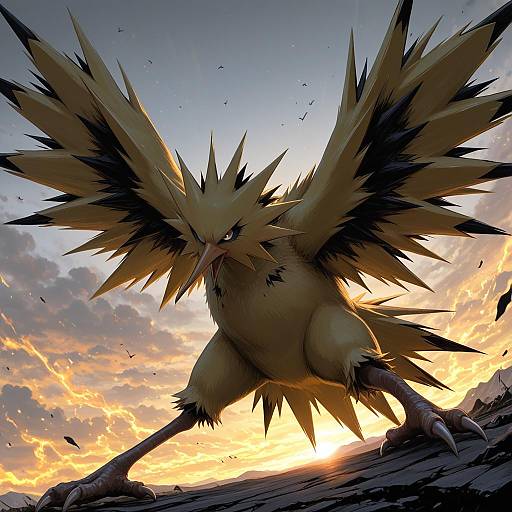 Illustration of Zapdos, pokemon in the style of Mitsunara