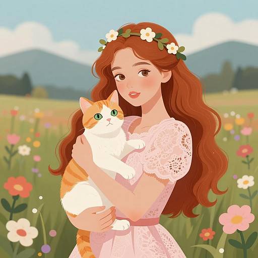 Enchanting Woman with Cat in Floral Field
