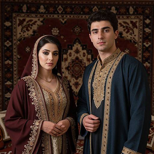 Photograph of a Middle Eastern couple in traditional attire; woman in maroon embroidered dress, man in navy blue sherwani, standing against a pattern