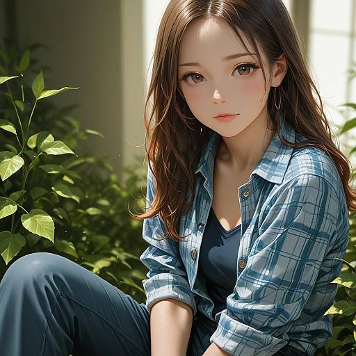 Young Woman Sitting Outdoors in Plaid Shirt