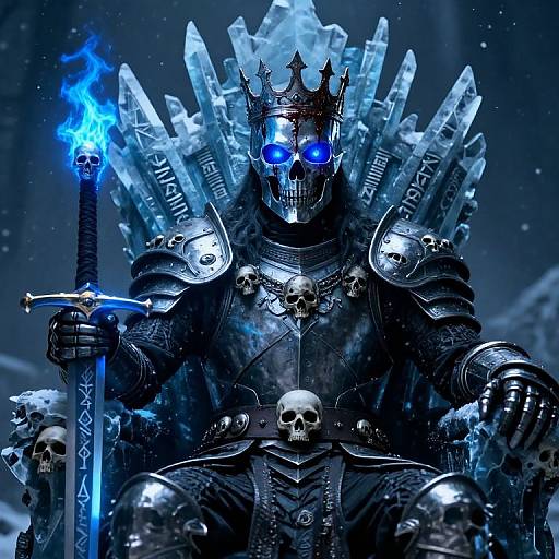 Digital illustration of a dark, armored figure with glowing blue eyes, ice crown, holding a blue-flamed sword, surrounded by ice and skulls.