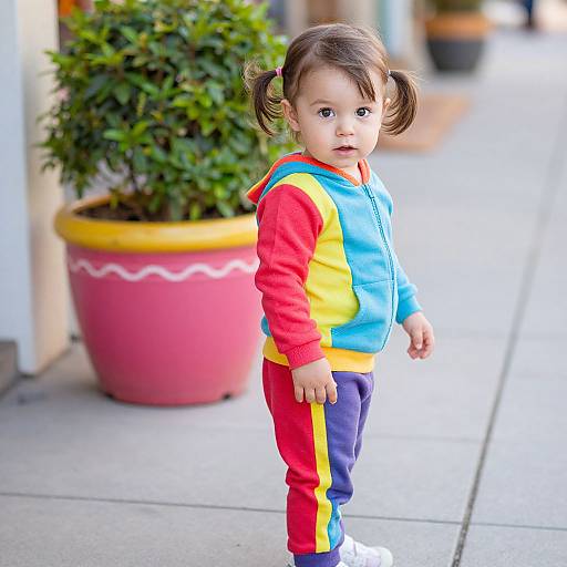 Photograph of a young Asian girl with pigtails, wearing colorful hoodie and pants, standing on a sidewalk beside a large pink planter with green