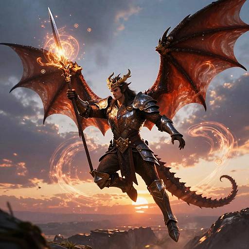 Digital art of a dragon-headed warrior with glowing red wings, holding a flaming sword, soaring against a sunset sky with dramatic clouds.