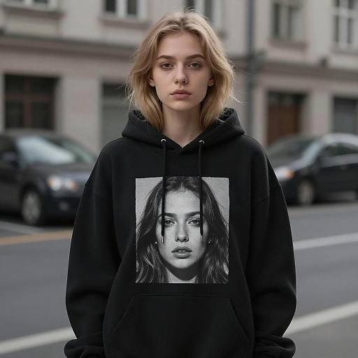Moody Blonde Woman in Urban Hoodie