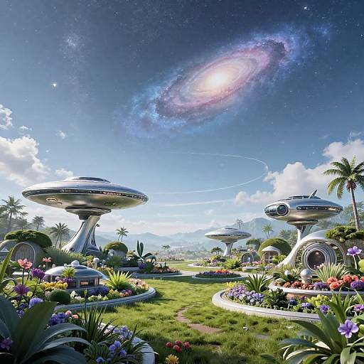 Digital art of a futuristic garden with hovering spaceships, vibrant flowers, palm trees, and a glowing galaxy in the bright sky.