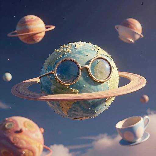 Whimsical CGI of a planet with blue-green textures, large round glasses, and pink rings, floating in a starry space with colorful planets and