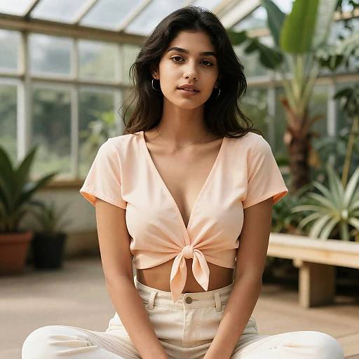 Carefree Woman in Sunlit Greenhouse